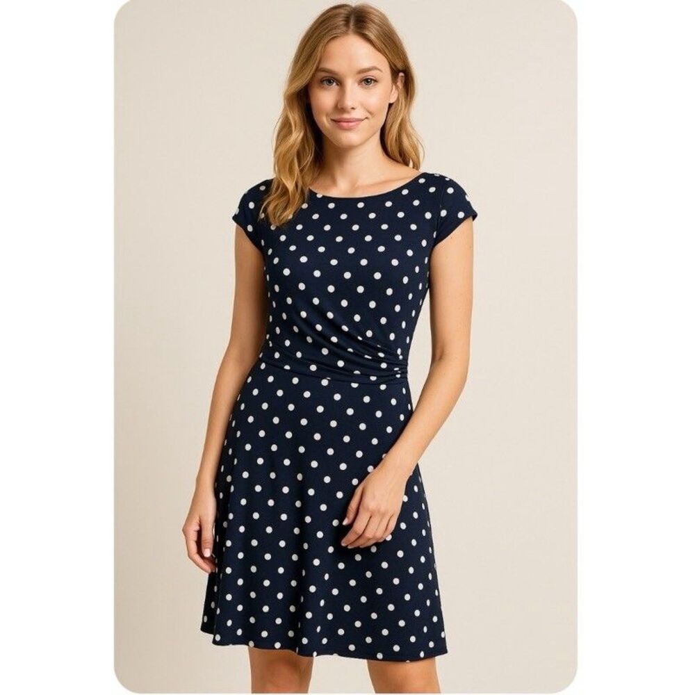 Lauren Ralph Lauren Black White Polka Dot Dress Sz 10 Ruched Flounce Skirt